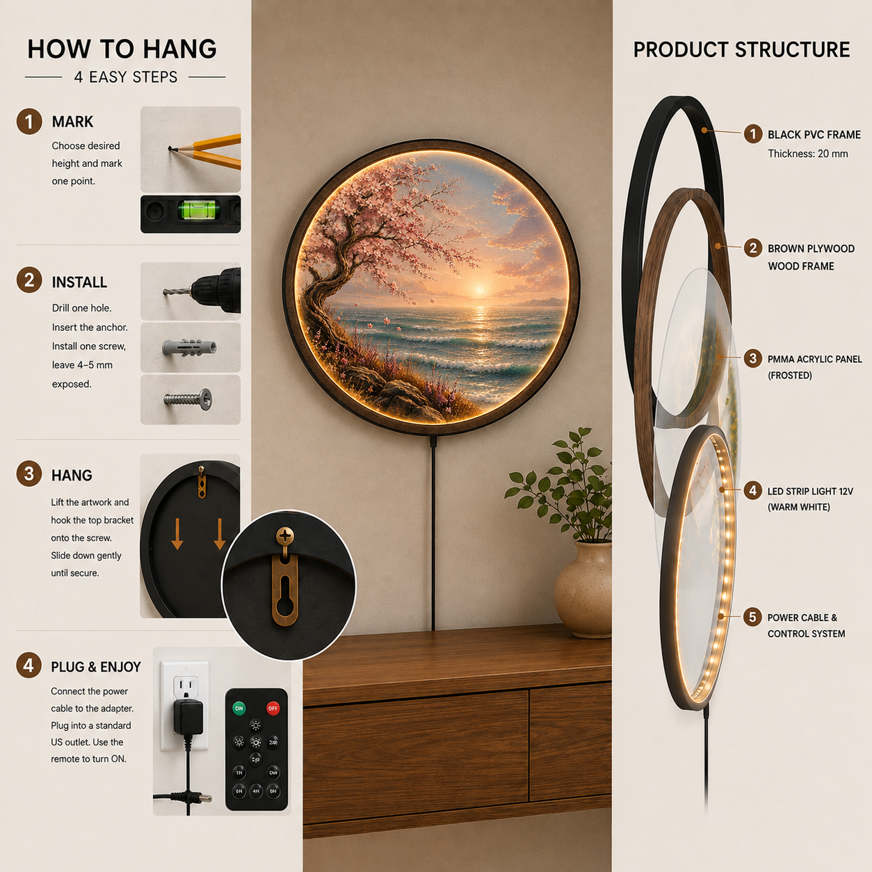 Cherry Blossom Coastal Sunset LED Wall Art – Round Illuminated Acrylic Decor