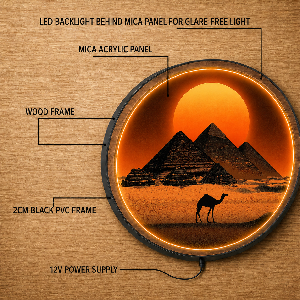 Desert Sunset Pyramid LED Wall Lamp – Wooden Frame Wall Art