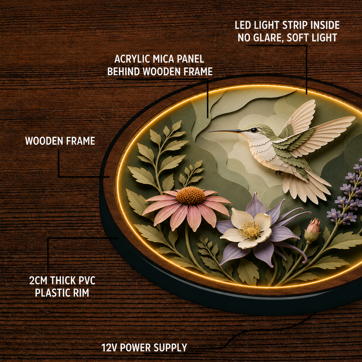 Hummingbird Bloom LED Wall Art – Round Nature Lighted Wall Decor