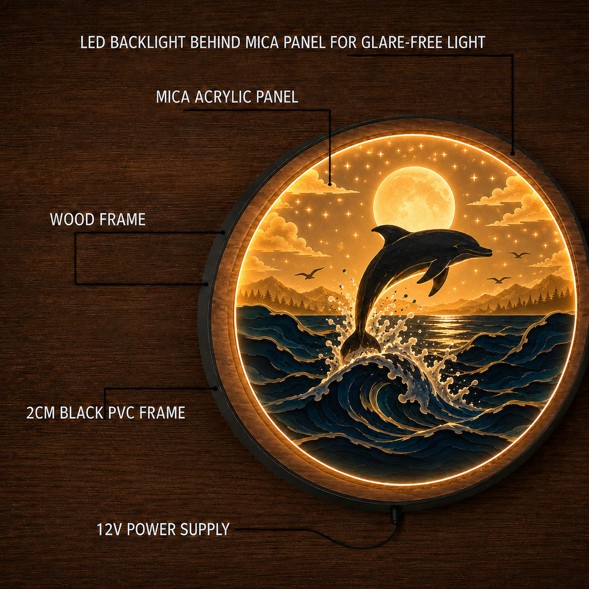 Wood Carved Dolphin Ocean Wave LED Wall Lamp | Handmade Night Light Wall Art