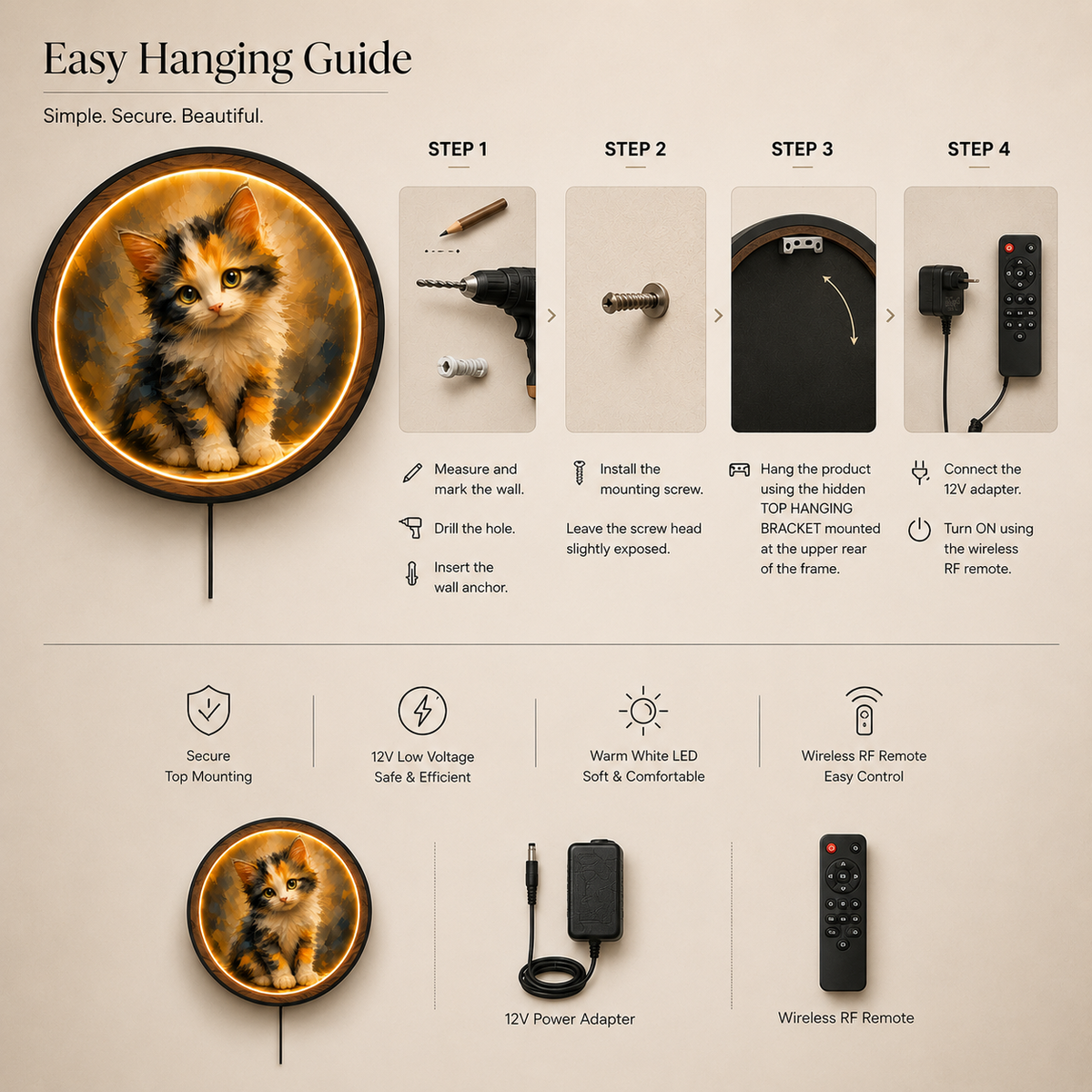 Cute Calico Kitten LED Wall Art Light – Round Acrylic Decor with Wooden Frame