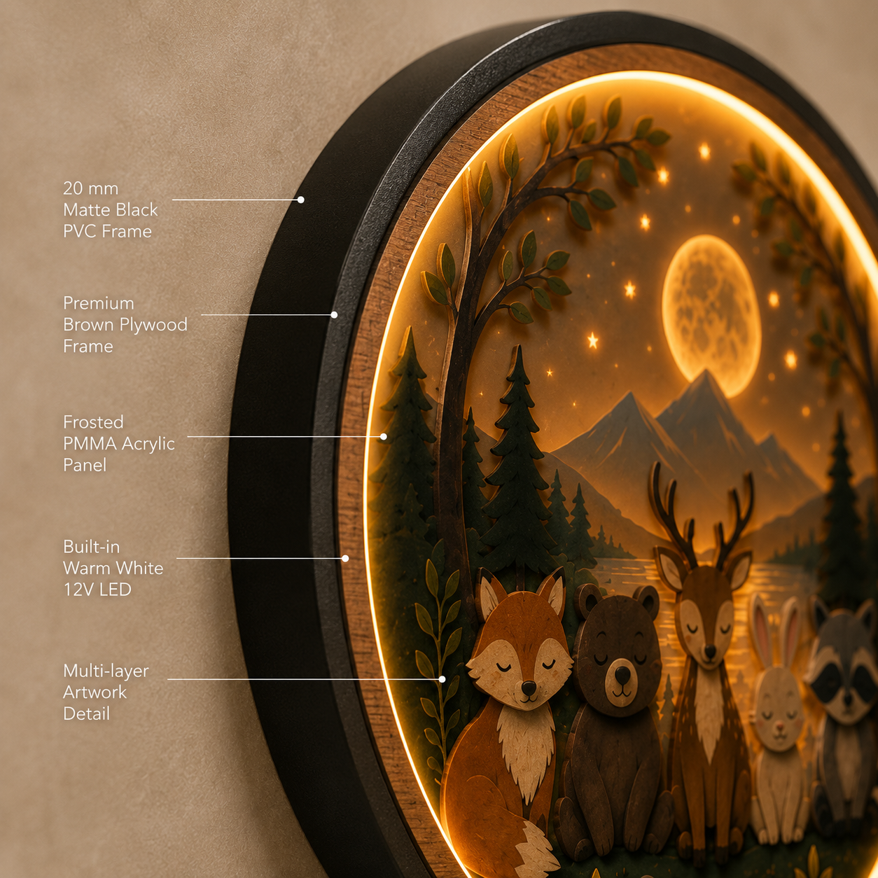 Woodland Friends LED Wall Art Light – Forest Animal Nursery Decor | Round Acrylic Wall Lamp