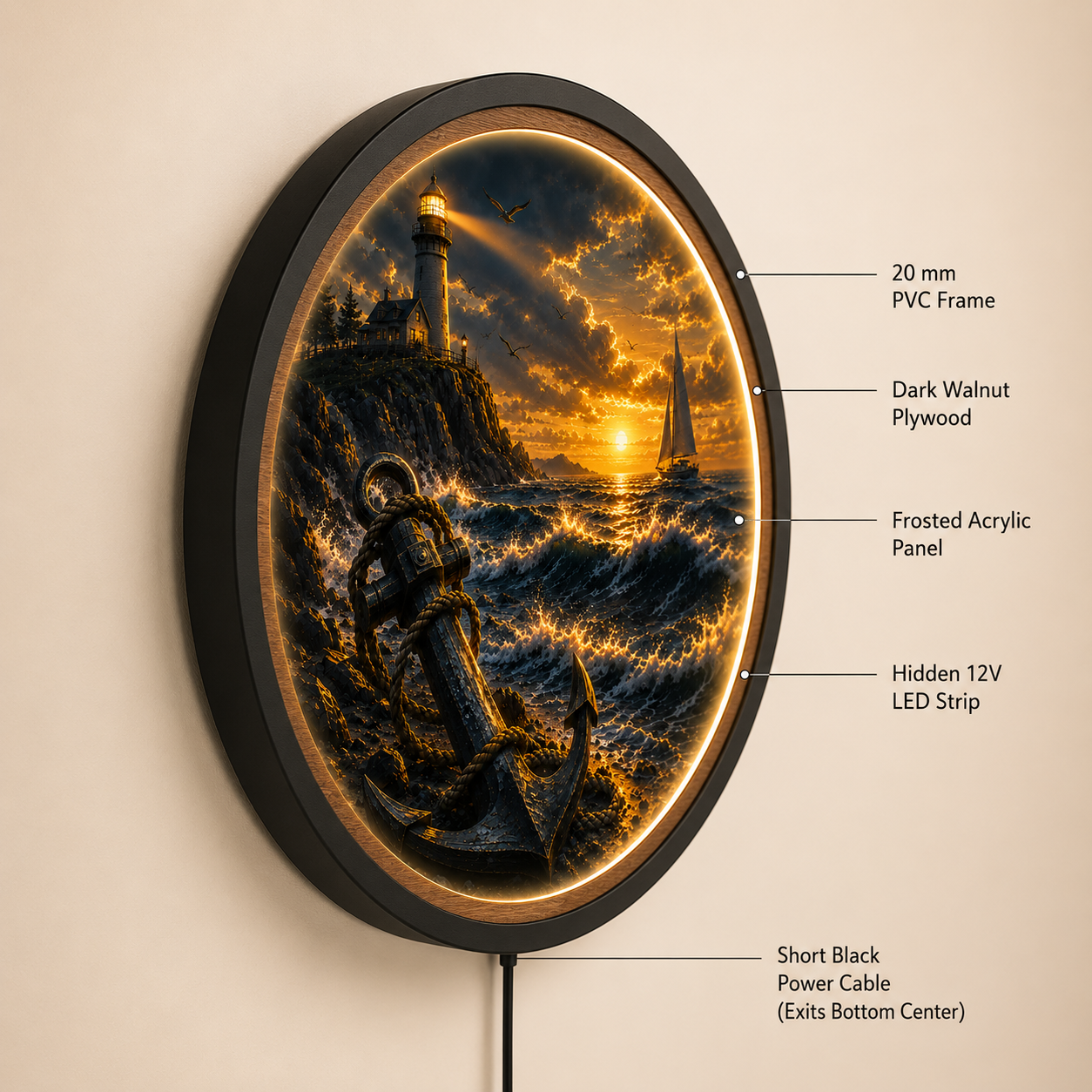 Beacon of Hope Round LED Wall Art | Lighthouse Sunset Acrylic Wall Decor with Wooden Frame