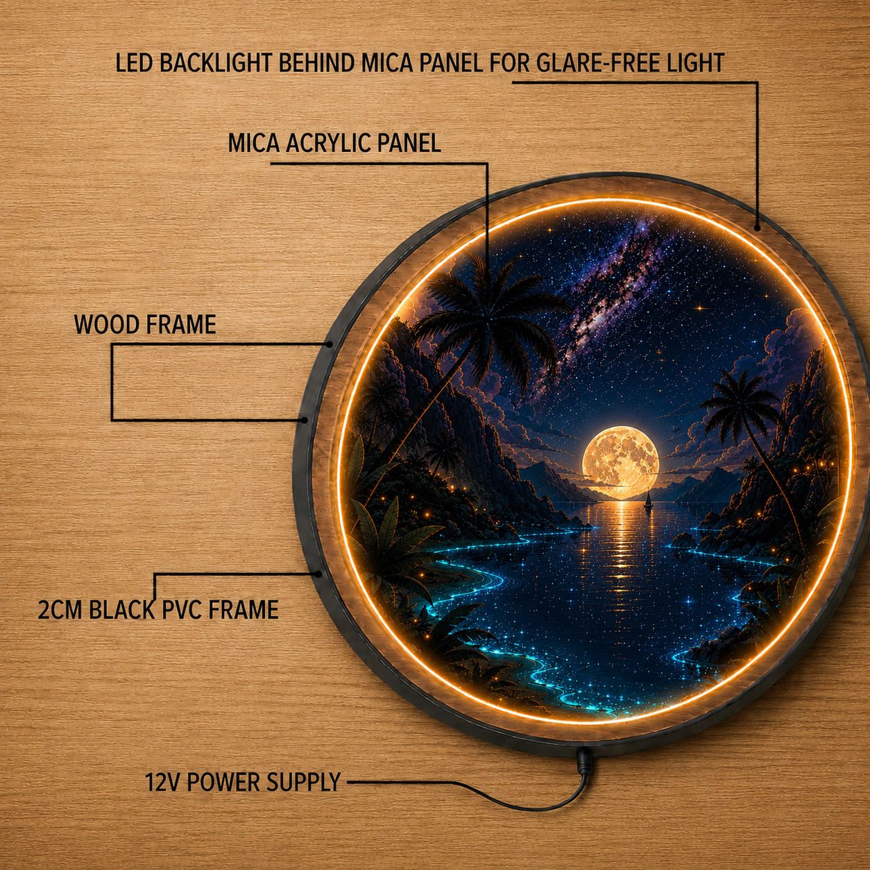 Moonlit Paradise Round LED Wall Art – Acrylic LED Wall Decor with Wooden Frame