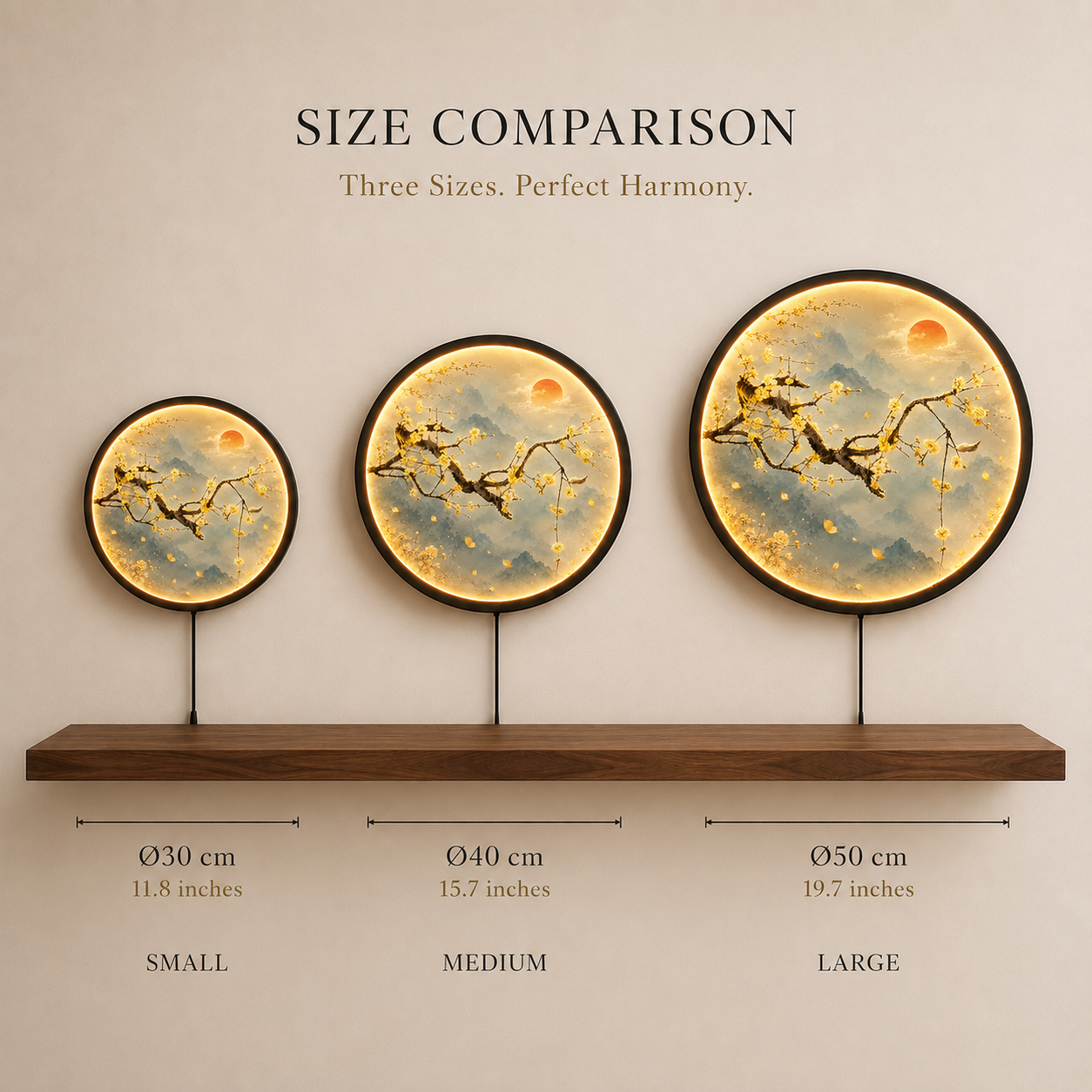 Golden Plum Blossom Mountain LED Wall Art – Round Illuminated Nature Decor