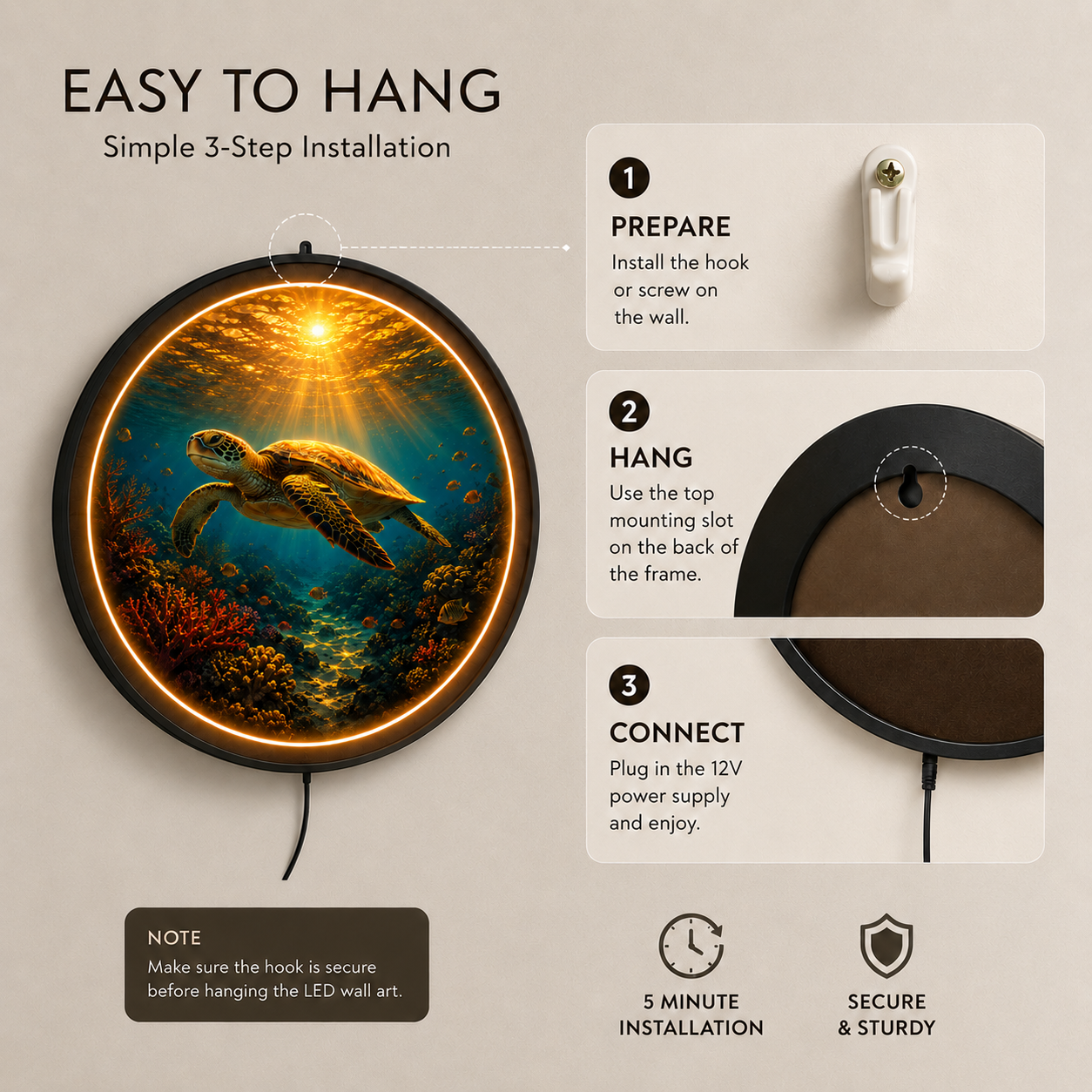 Ocean Sea Turtle LED Wall Art – Coastal Sunset Round Illuminated Decor