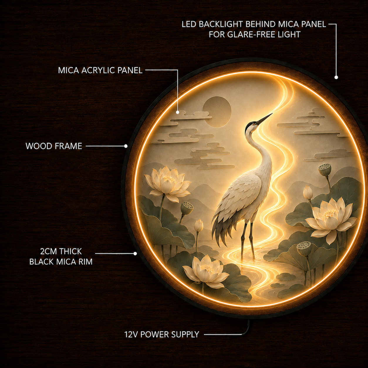 Lotus Serenity Crane LED Wall Art – Round Zen Wooden Light Decor