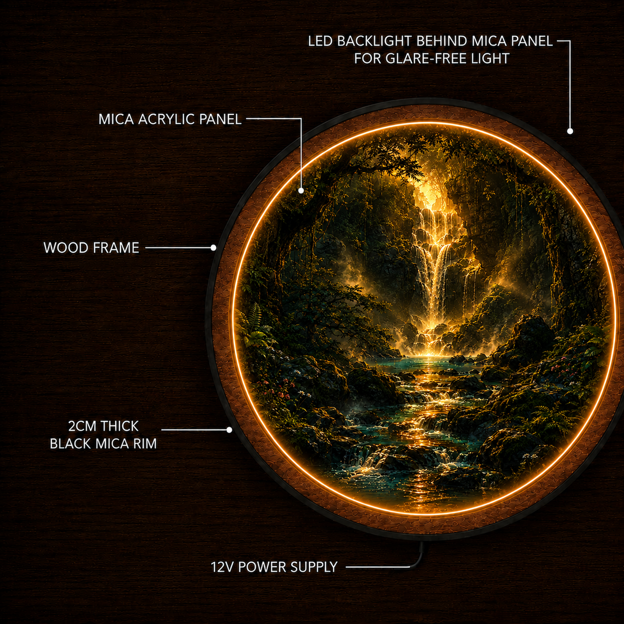 Golden Forest Waterfall LED Wall Art – Round Illuminated Wooden Wall Decor