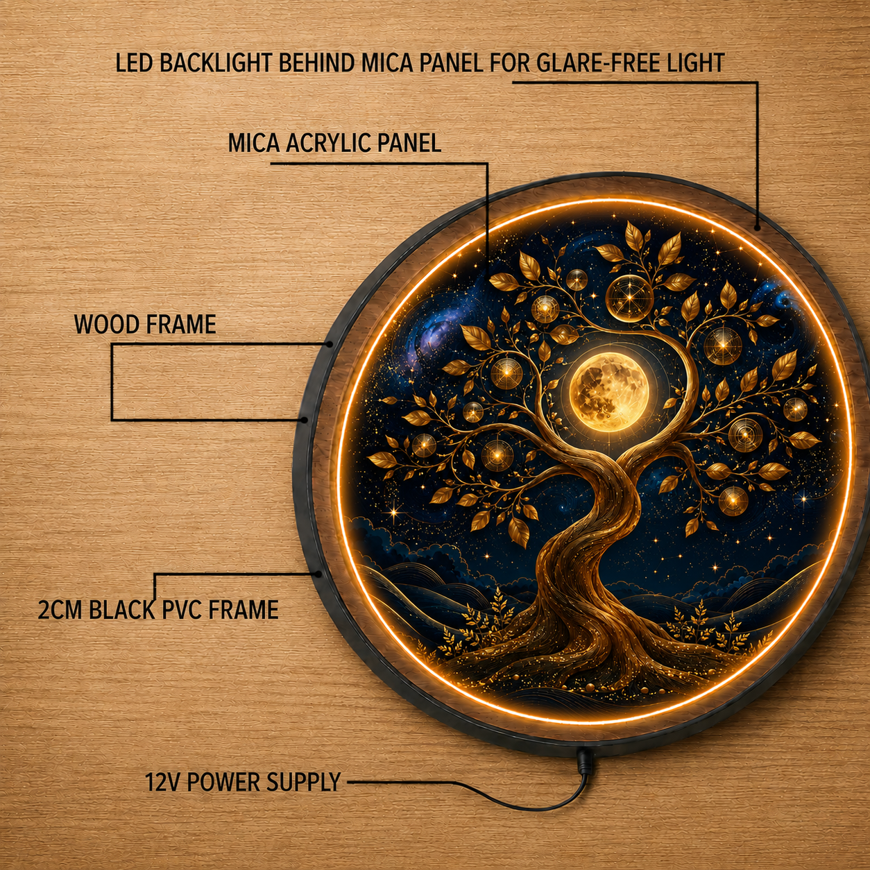 Tree of Life Moon Round LED Wall Art | Illuminated Acrylic Wall Decor with Wooden Frame