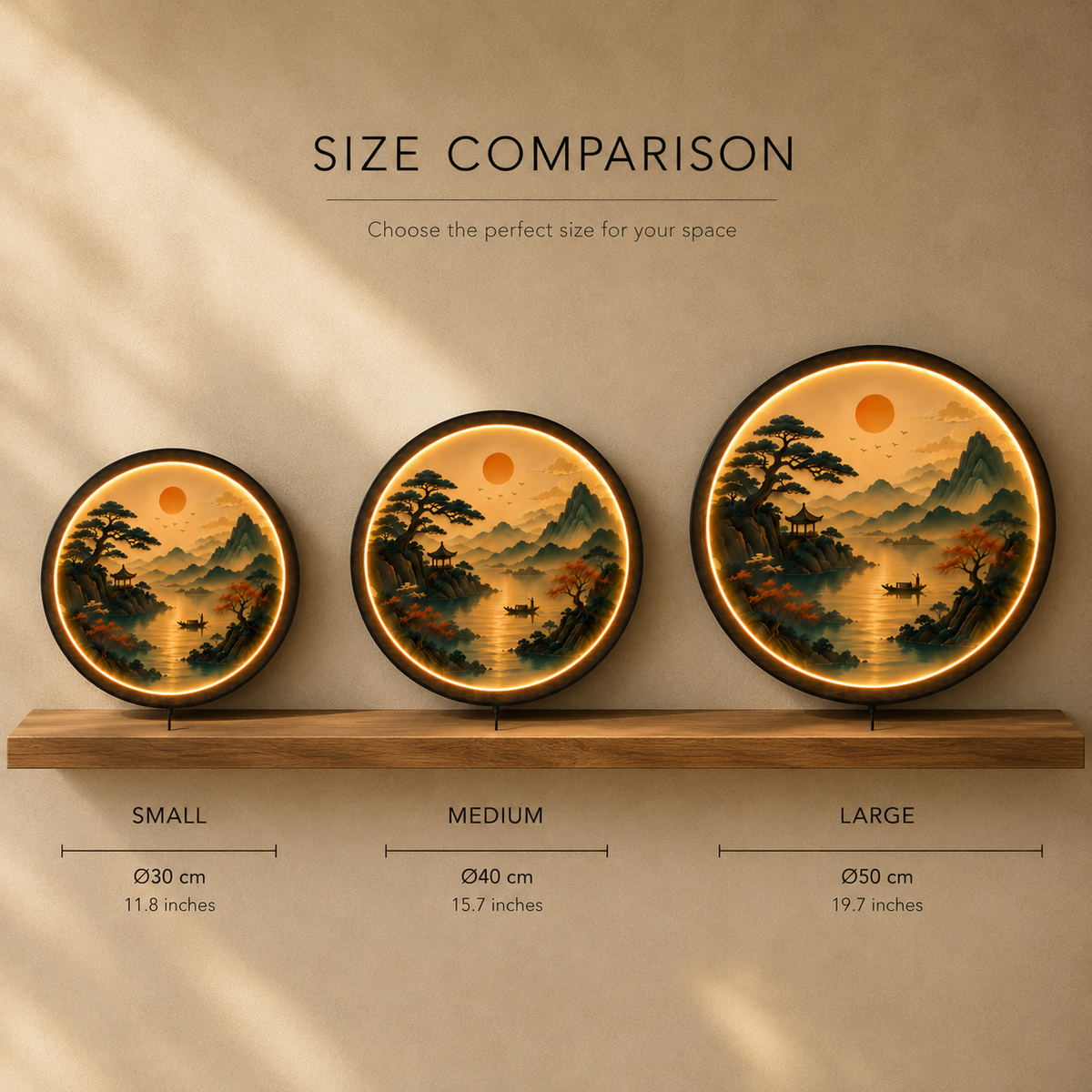 Eastern Serenity LED Wall Art | Tranquil Mountain & Lake Landscape Round Illuminated Wall Decor | Warm LED Ambient Light