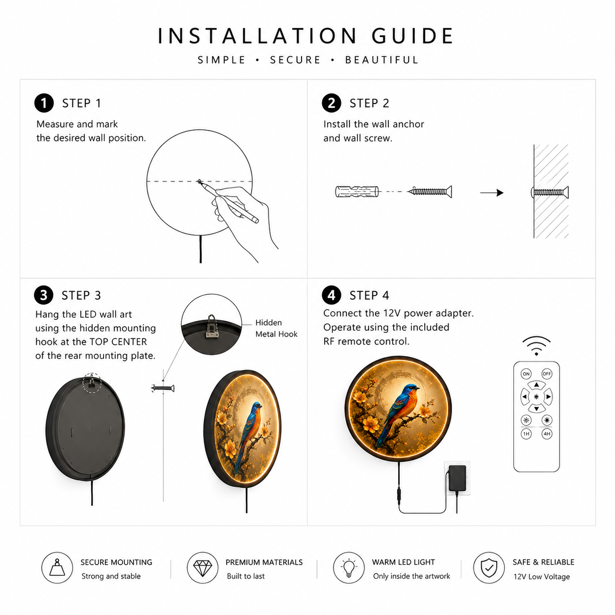 Bluebird Blossom LED Wall Art – Round Illuminated Nature Wall Decor