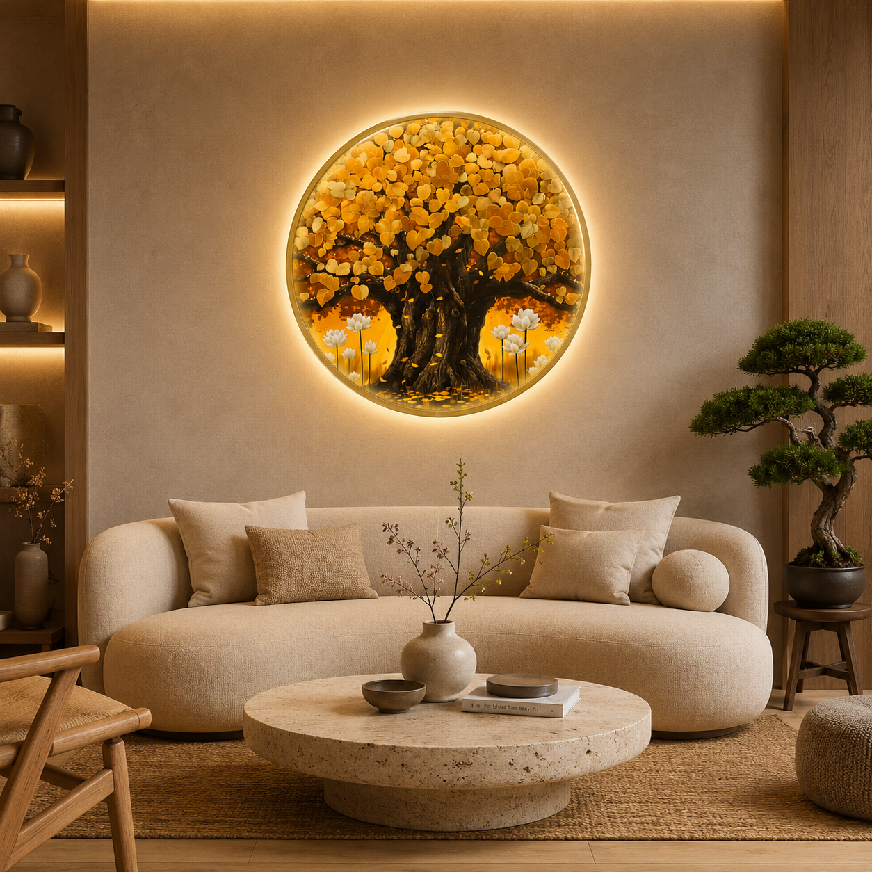 Golden Tree of Life LED Wall Art - Round Wooden Wall Decor with Lotus Flowers & Backlit LED