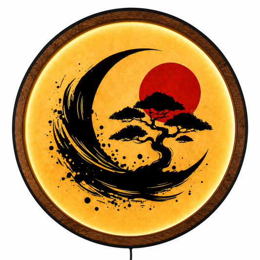 Wood Carved Japanese Bonsai Moon LED Wall Lamp | Zen Sumi-e Style Night Light