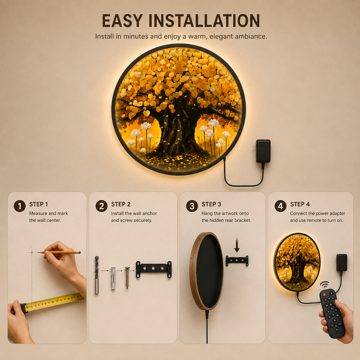 Golden Tree of Life LED Wall Art - Round Wooden Wall Decor with Lotus Flowers & Backlit LED