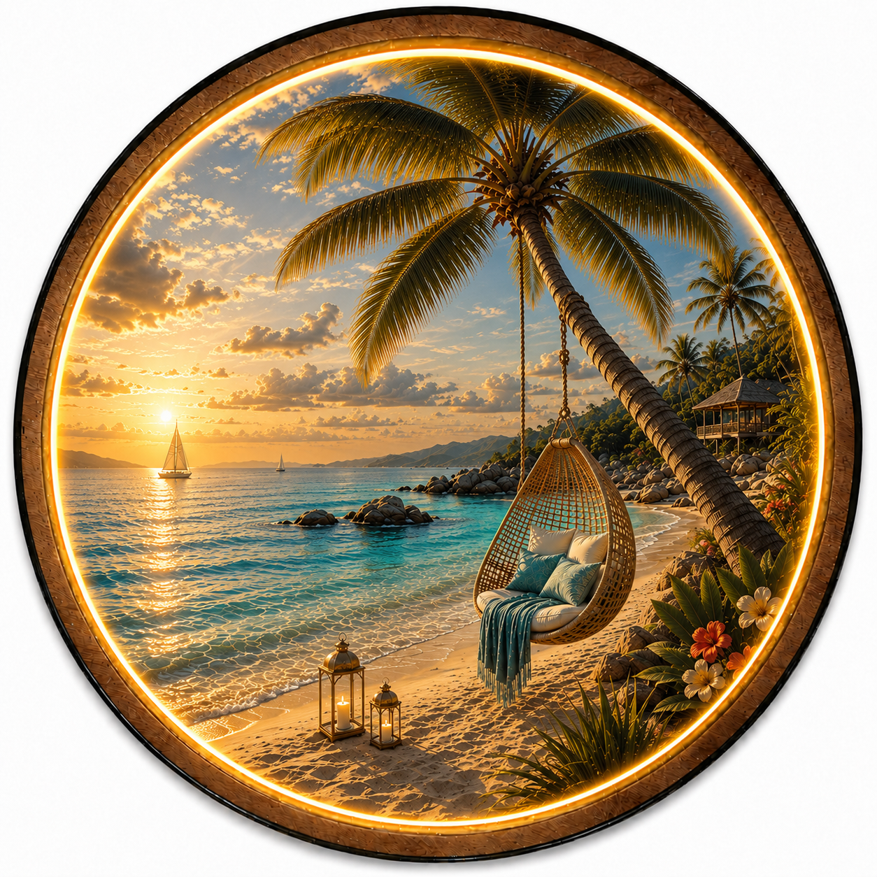 Golden Palm Retreat LED Wall Art – Tropical Beach Sunset