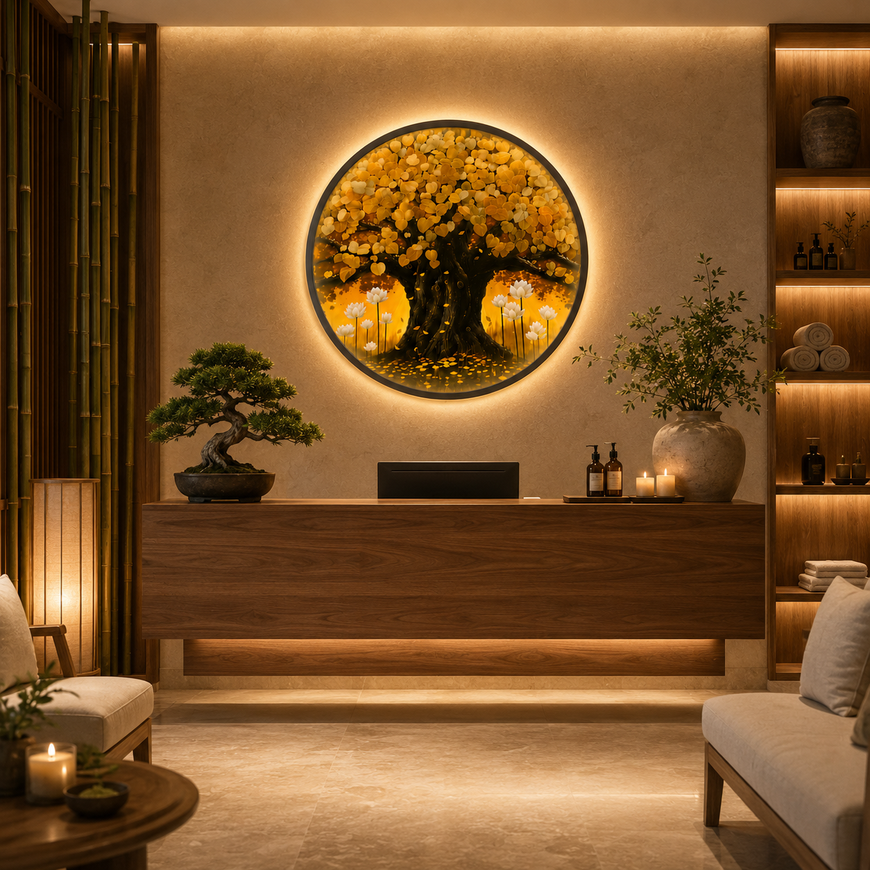 Golden Tree of Life LED Wall Art - Round Wooden Wall Decor with Lotus Flowers & Backlit LED