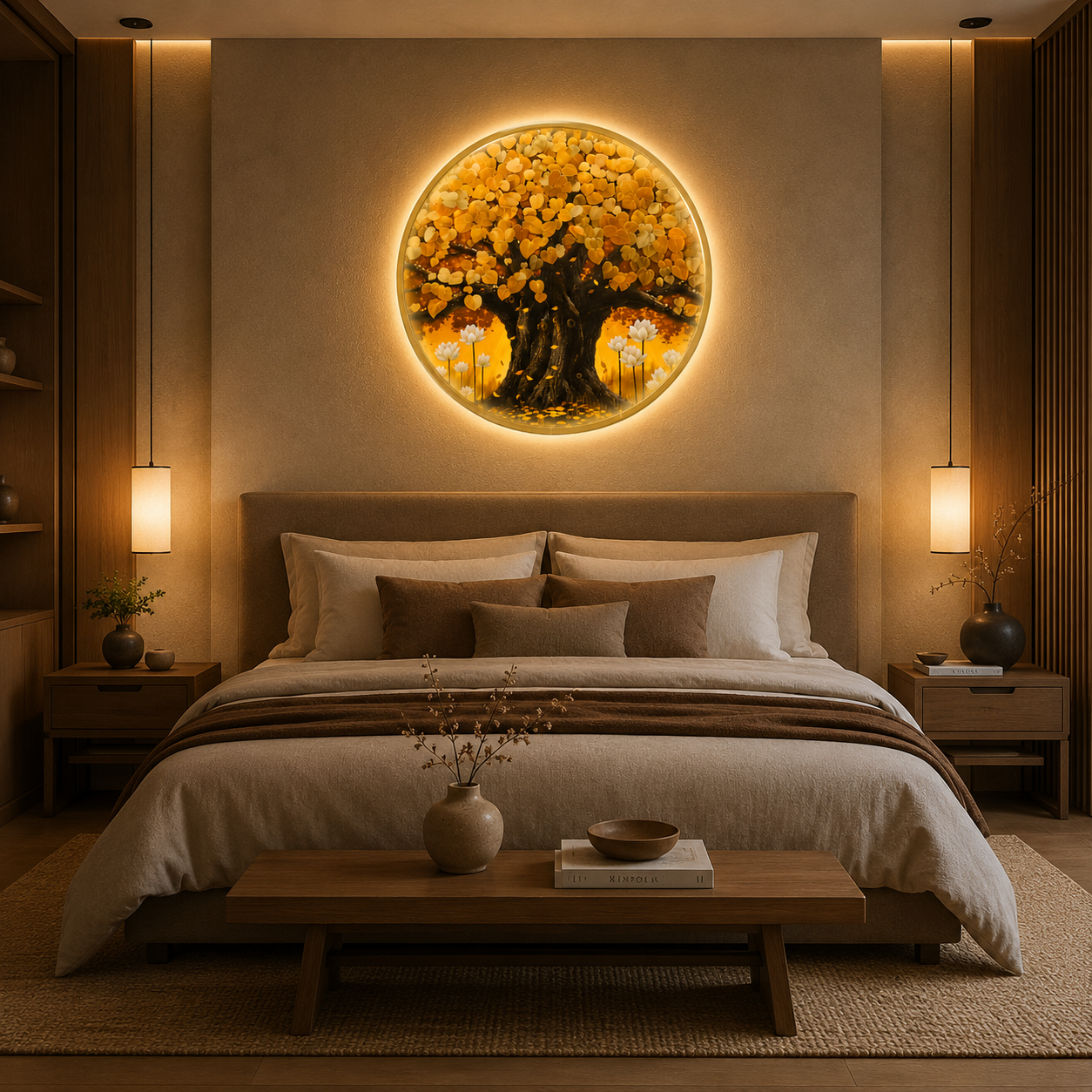 Golden Tree of Life LED Wall Art - Round Wooden Wall Decor with Lotus Flowers & Backlit LED