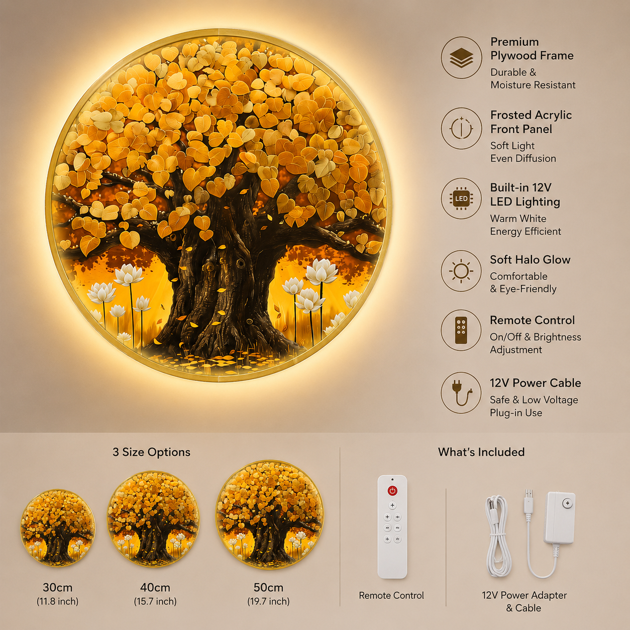 Golden Tree of Life LED Wall Art - Round Wooden Wall Decor with Lotus Flowers & Backlit LED